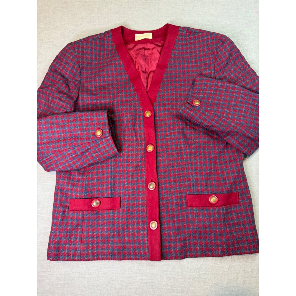 Pendleton‎ Blazer Womens Sz 18 Red Houndstooth Wool Vintage Jacket Shoulder Pads